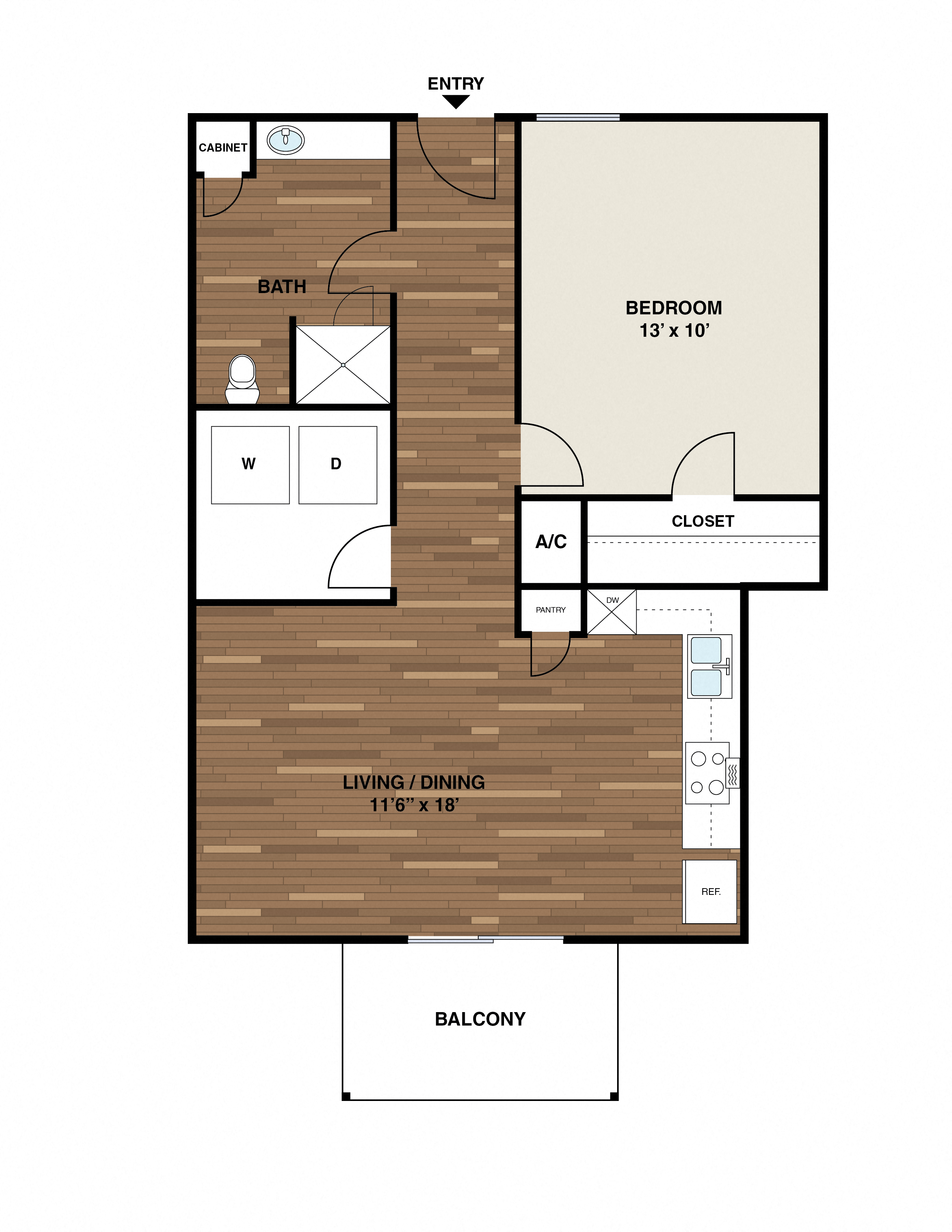 Floor plan for 1 bed, 1 bath, 600 sqft